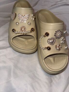CROCS Bone Crush Slides with Cream Pearl & Gold Charms